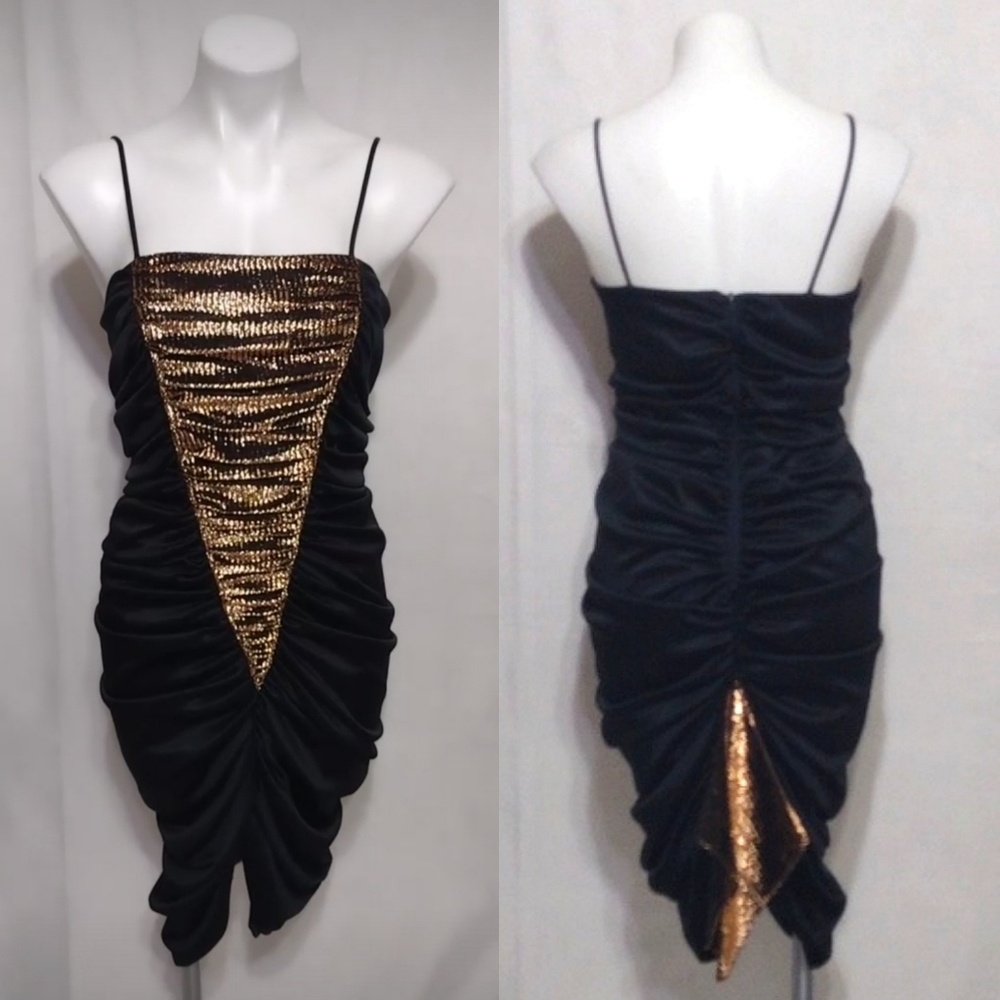 Stash Black Ruched Metallic Copper Panel Bodycon Dress Clubwear Glam Y2K US 7/8